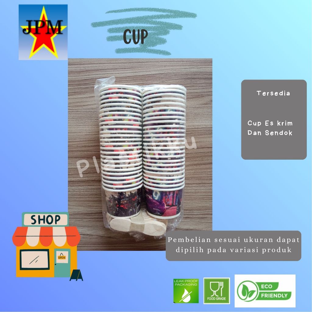 Cup Ice Cream Kertas + Sendok Kayu Isi 50 Pcs/ Cup Es krim / Gelas Kertas Es krim / Gelas Es krim