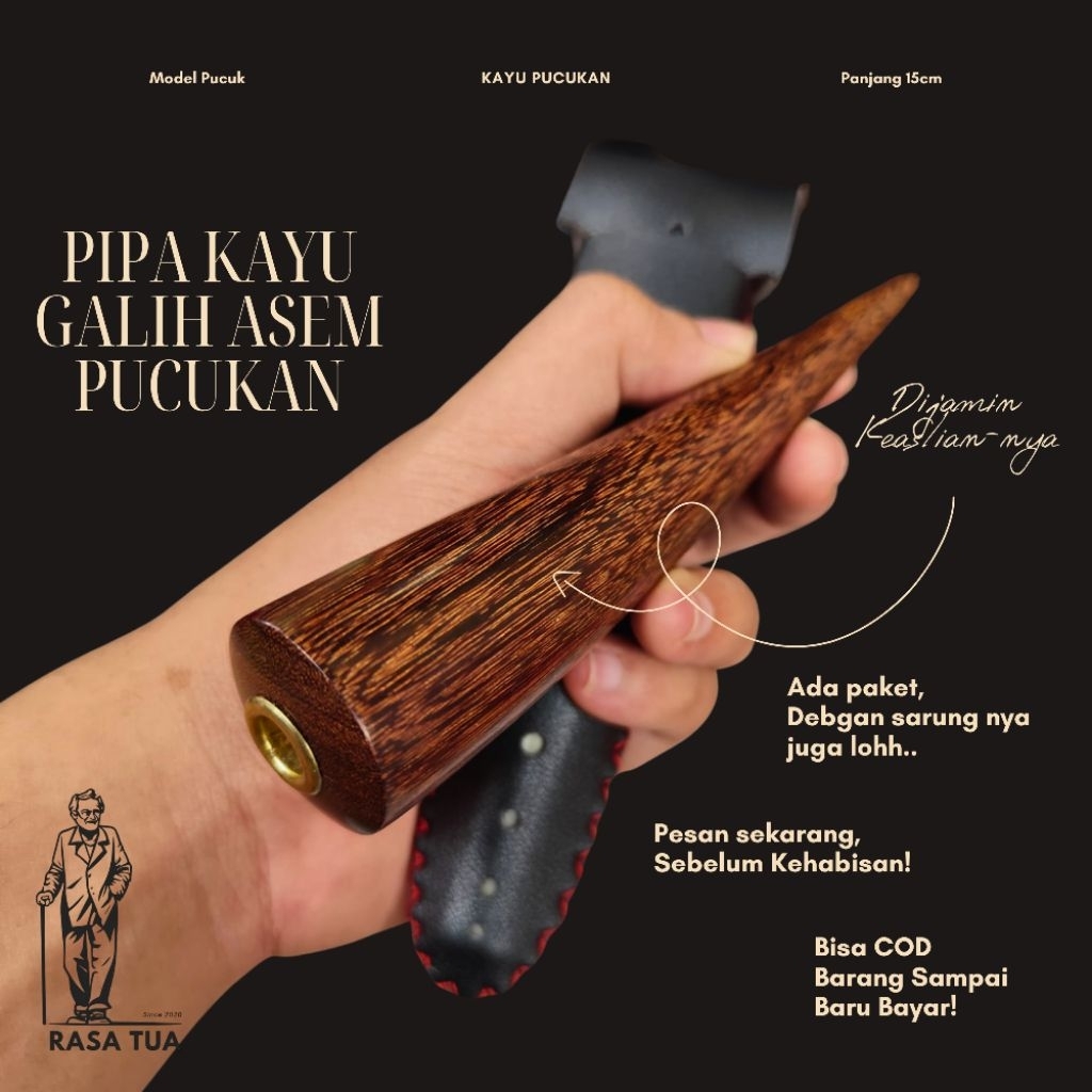 Pipa Padud Once Cangklong Kayu Galih Asem – Model Bulat Pucukan Panjang 15cm Elegan & Nyaman Dipakai
