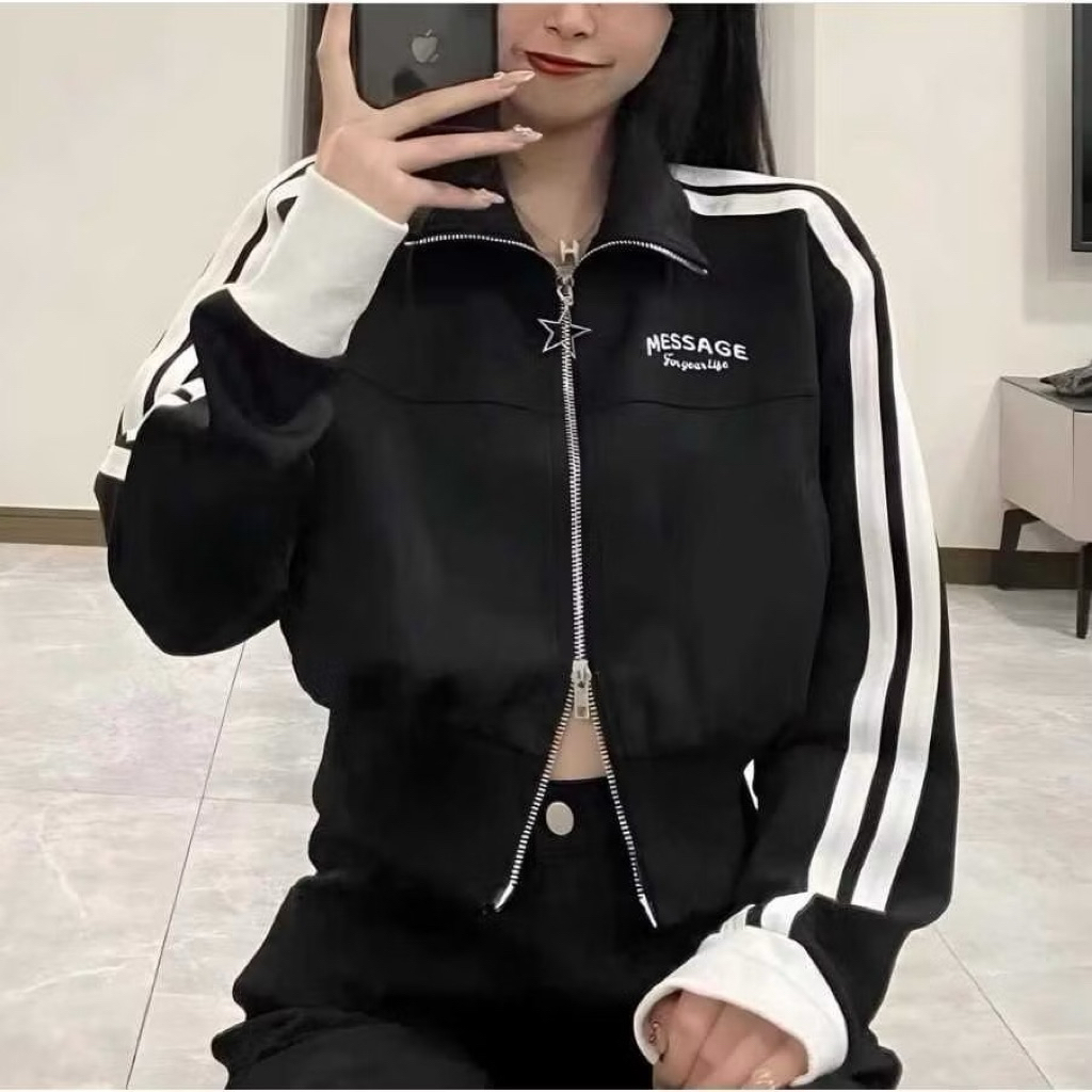 CROP JAKET WANITA MESSAGE LIST STRIPE JAKET ZIPPER KOREAN STYLE