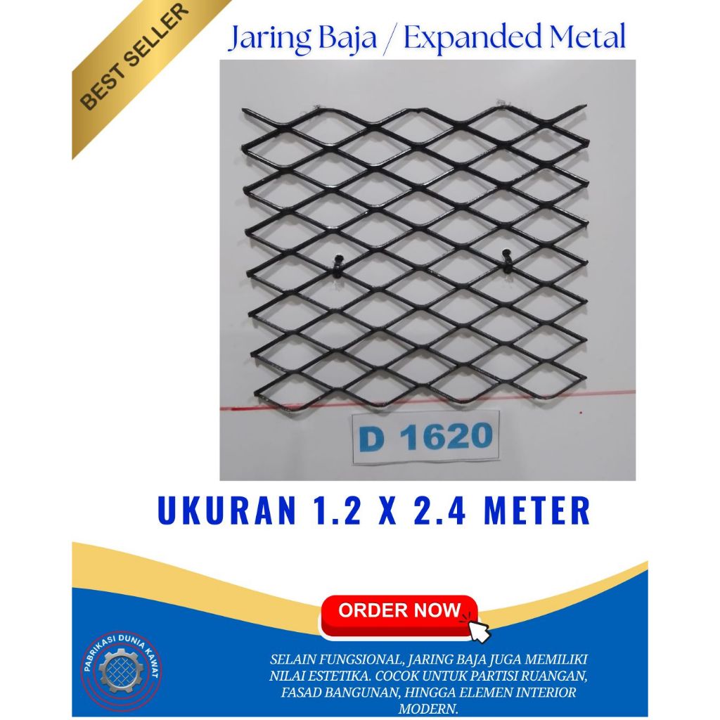 Expanded Metal Type 1620 Ukuran 1.2 x 2.4 Meter – Plat Expanded Baja / Besi Lembaran Anyam Pola Diam