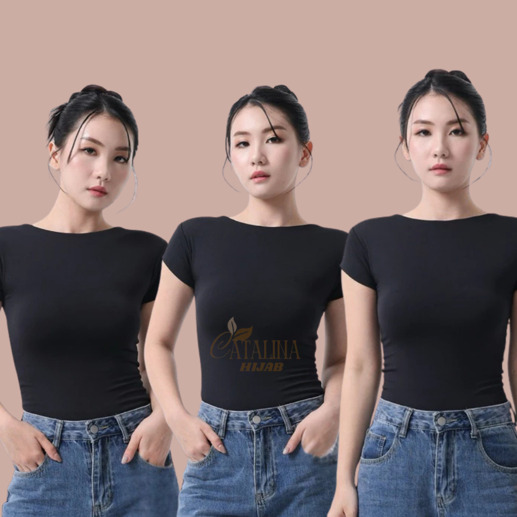 premium kaos mangset polos wanita lengan pendek hitam dan putih L/XL/XXL