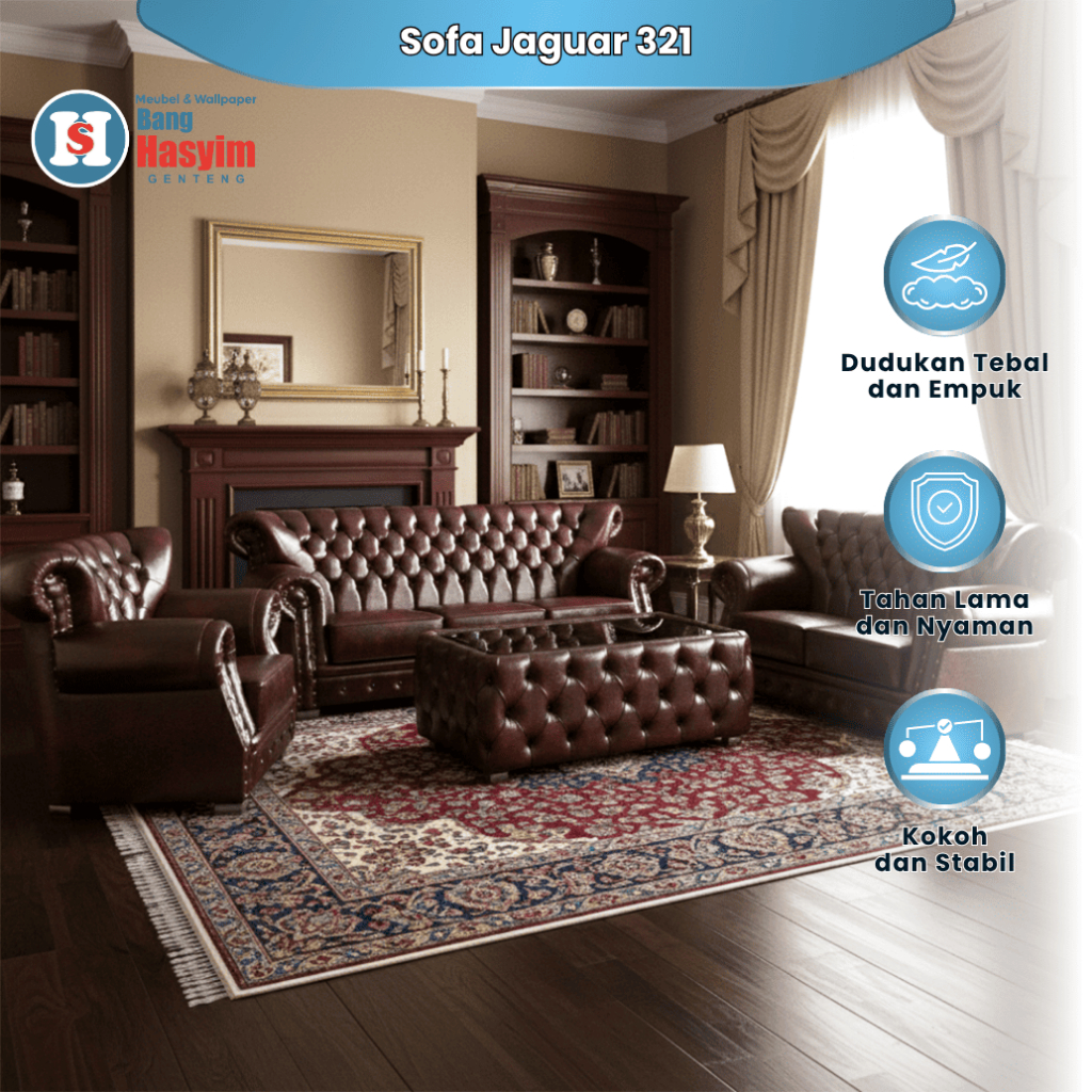 BANG HASYIM Sofa Jaguar 321 Set Tamu Merah Maroon Tebal Empuk Kayu Jati Perhutani Meja Kaca Eksklusi