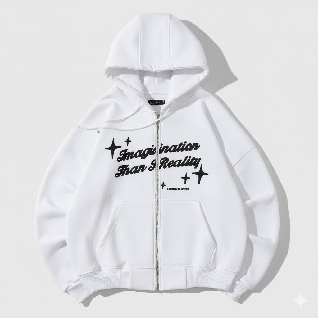 Hoodie Zipper Boxy Oversize Putih 'Imagination' Emo Y2K Aesthetic - Jaket Resleting Pria Wanita Stre