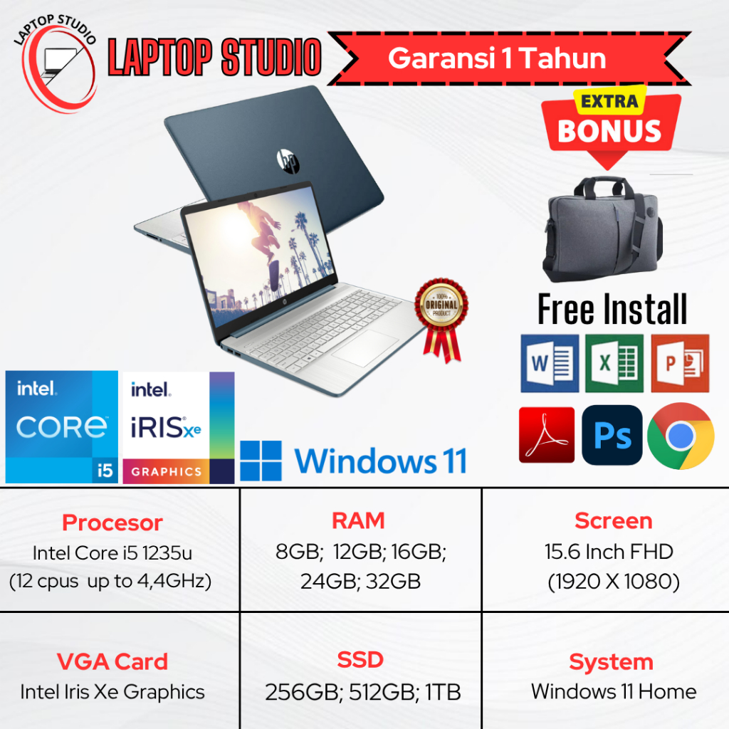 Laptop Baru HP 15 Intel Core i5 1235U (GEN12) | Intel Core i5 1334U (GEN 13) SSD BLUE SILVER