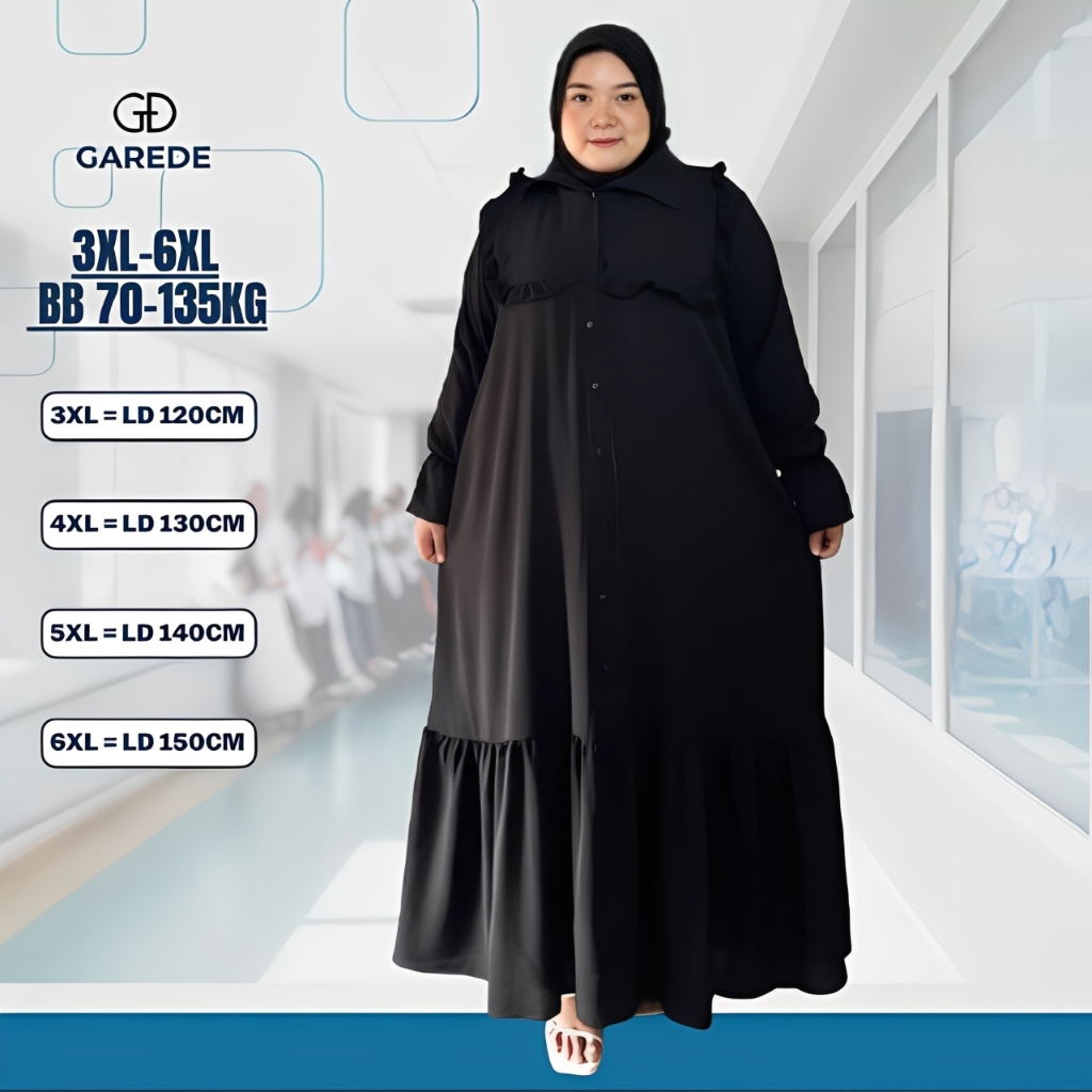 Garede - Gamis Jumbo LD 120 130 140 150 Hitam Polos Wanita Premium Crinkle Syari Lebaran Terbaru