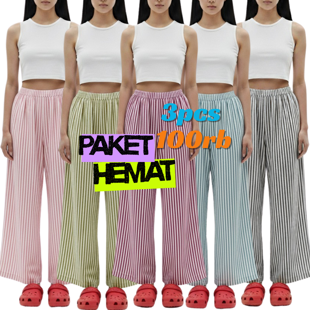 Kulot Garis Kasual Paket 3pcs Set Kulot Garis Kulot Garis Wanita Celana Santai Kekinian