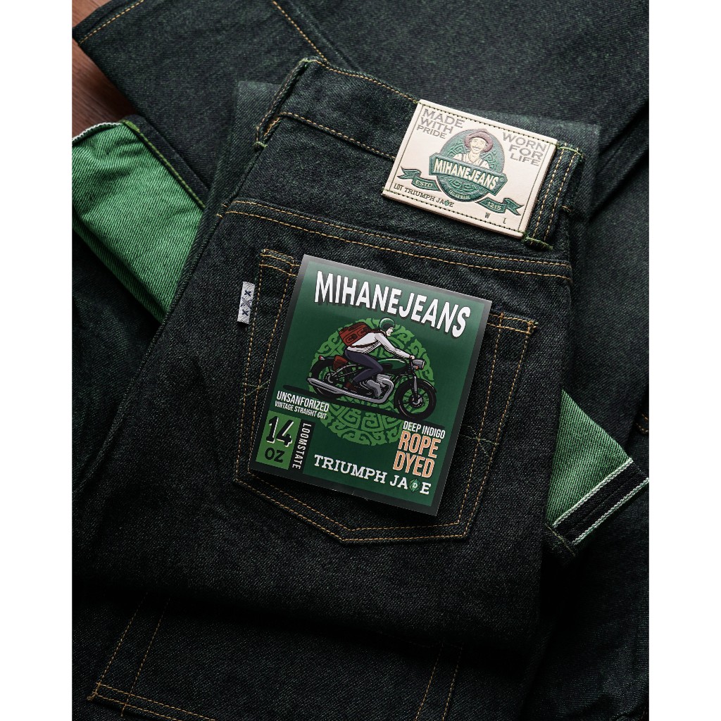 Mihane Jeans - Celana Jeans Pria - Triumph Jade 14oz Loomstate Unsanforized Green Line Selvedge Stra