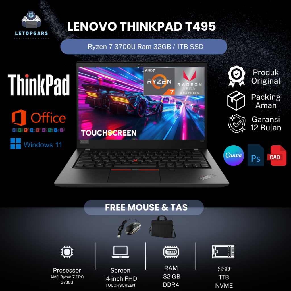LAPTOP GAMING MURAH  THINKPAD T495 RYZEN 7 PRO TOUCHSCREEN RAM 16 Up to 32 SSD 1TB NVME
