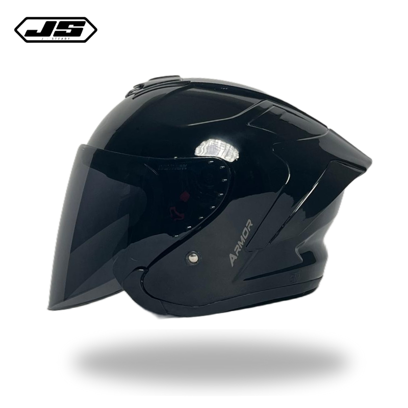 Helm JS Armor Ori Black Glossy - Helm Half Face - Helm Pria Keren Anti Silau Paket Ganteng sudah SNI