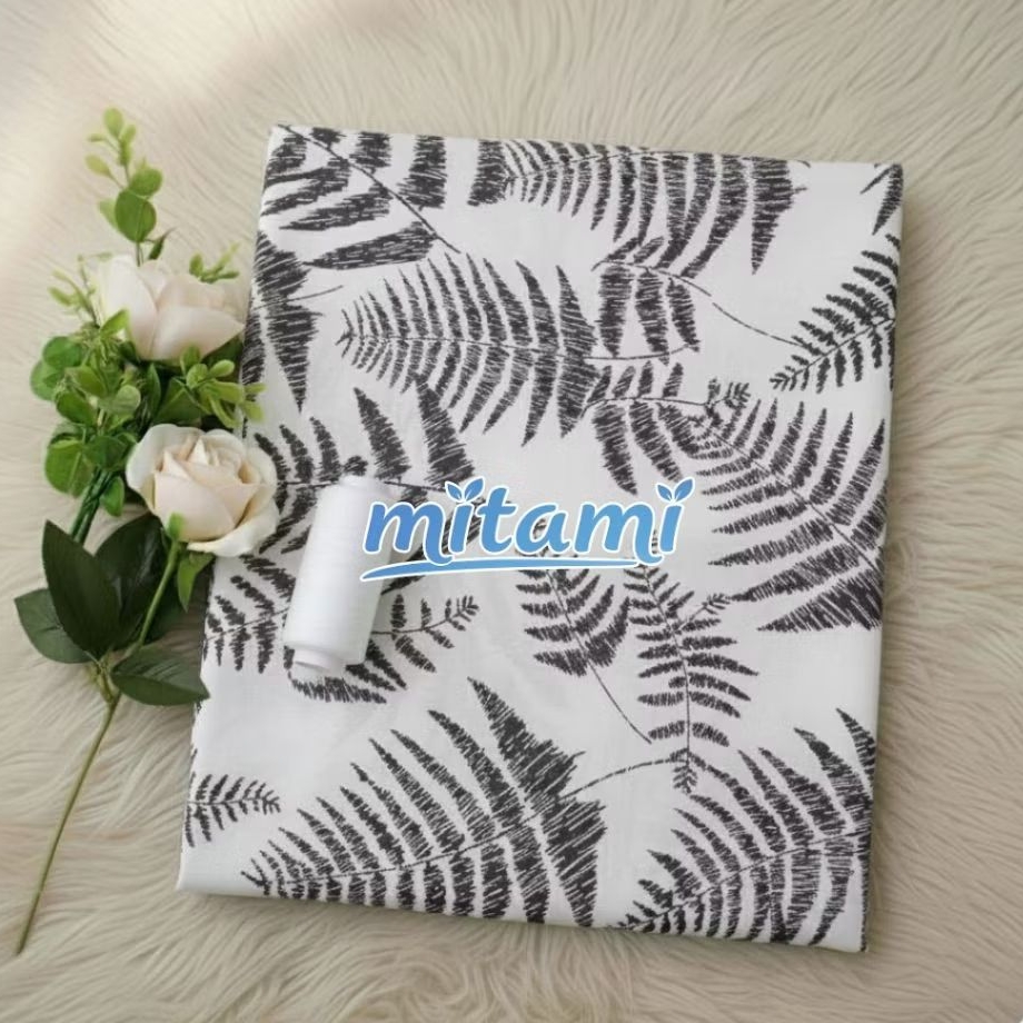 Kain Ceruty Premium Motif Daun Pakis Hitam Putih - Bahan Dress Jilbab Printing Monokrom (Harga Kain 