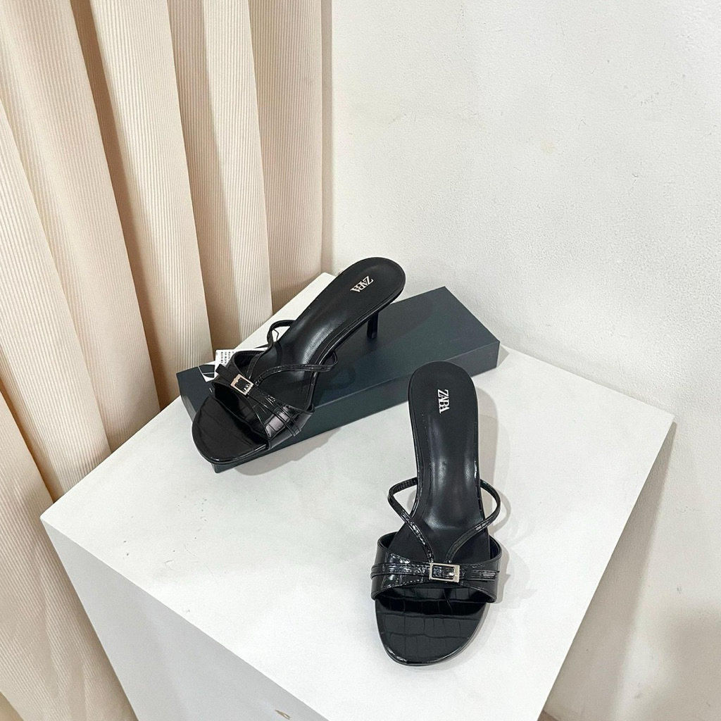 Strappy high heels 7.5cm by Zara with button high quality fashion shoes sandal tali wanita kantor ke