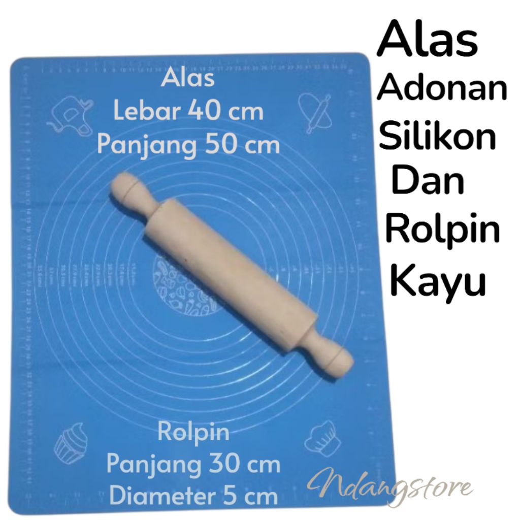 1 set silmat alas adonan silikon dan rolpin kayu / alas adonan kue  bahan silicon ukuran 50x40 cm ro