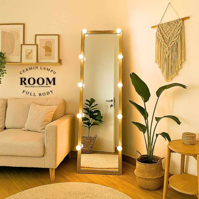 Cermin Aesthetic Estetik Standing Vanity Mirror Dekorasi Rumah Kaca Lampu Makeup Rias Berdiri Cermin