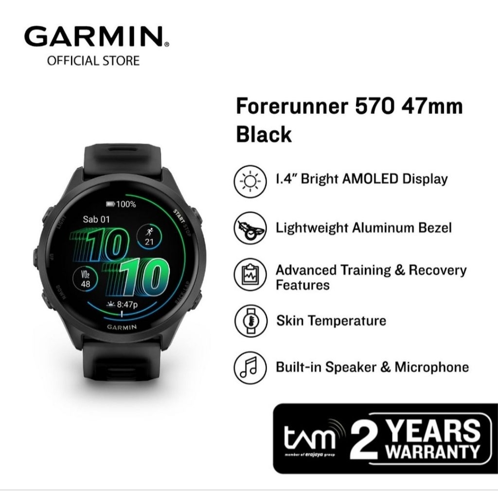 GARMIN Forerunner 570 47 mm Jam Tangan Pintar Lari GPS Running Smartwatch Garansi TAM