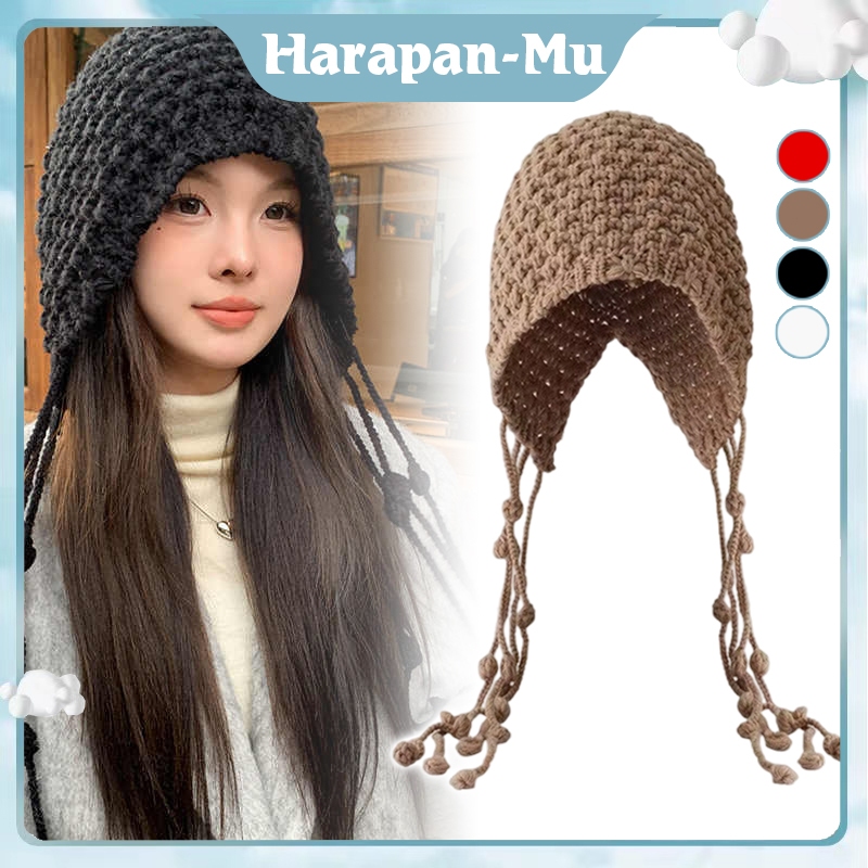 Topi Rajut Buatan Wanita Topi Bunga Rumbai Rajutan Topi Pullover Gaya Etnik Berongga Retro
