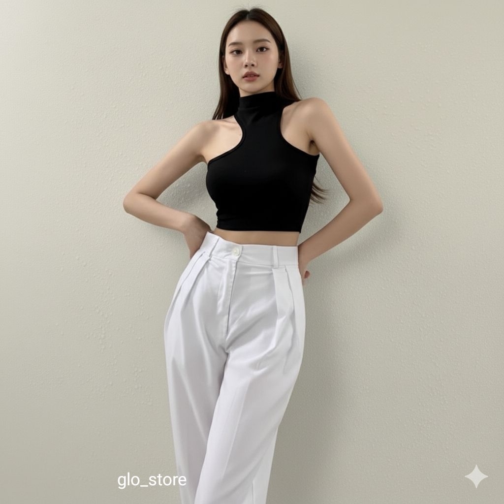 Crop Top Wanita Sexy One Shoulder • Atasan Tank Top Asimetris Model Korea • Baju Kekinian Cewek Styl