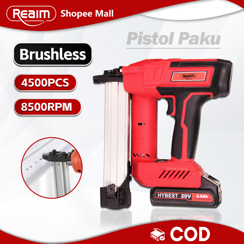 REAIM Cordless Brad Nailer Brushless Mesin Paku Tembak Brad Nailer Tanpa Kabel Dilengkapi 1500 Paku 
