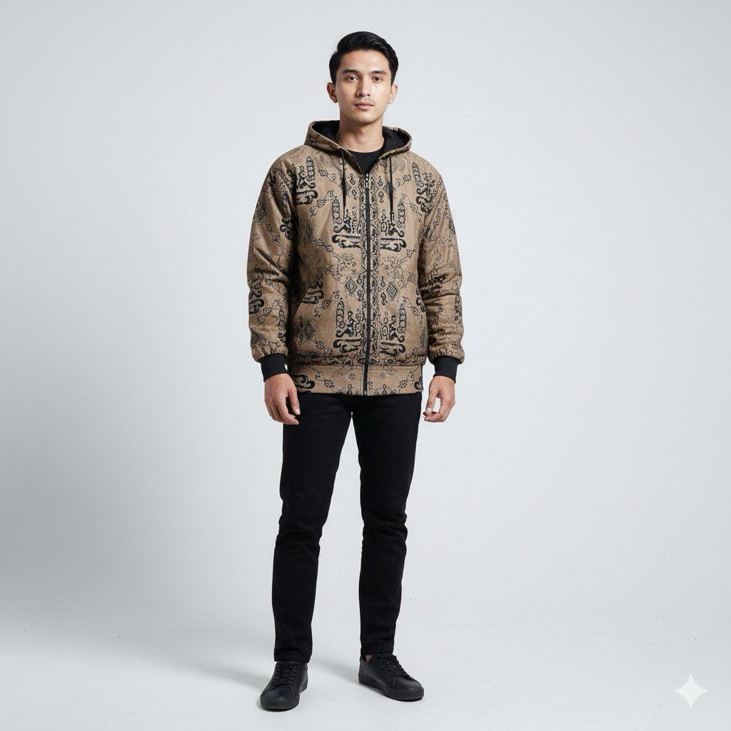 Jaket Batik Dengan Kupluk Pria Motif Dayak Kalimantan Lengan Panjang Resleting Casual Etnik Cowok - 