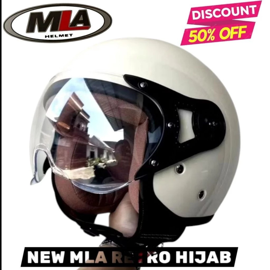 Helm MLA Bogo Hijab Wanita Retro Kaca Pilot Premium SNI - Cream Glossy