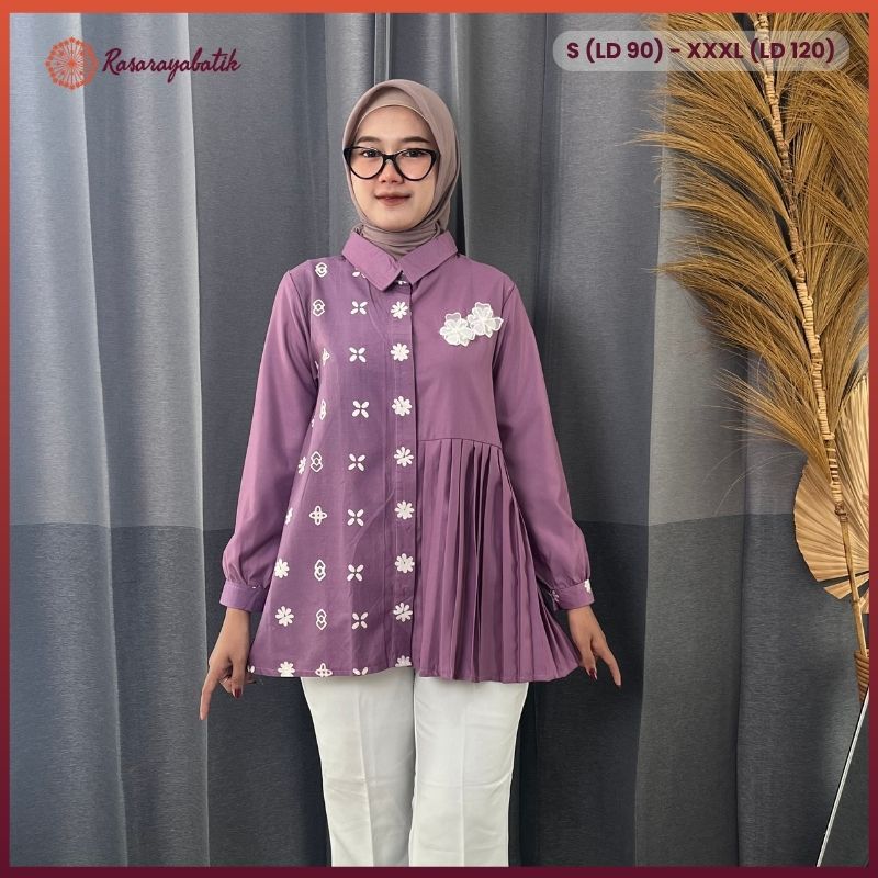 RASARAYA BATIK Namara Kemeja Wanita Katun Cap - Atasan Batik Kerja Kantor Ungu Mauve Renda Bunga
