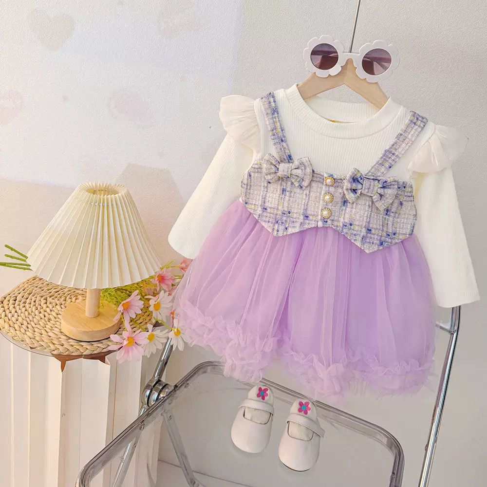 Dress Tweed Premium Anak Perempuan Usia 1-4 Tahun | Baju Katun Lengan Panjang Model Bahu Rempel Komb