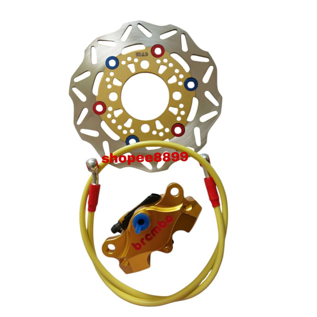 paket hemat 3 in1 kaliper kanan Brembo 2piston full CNC+ piringan 01 gold  cakram depan ukuran stand