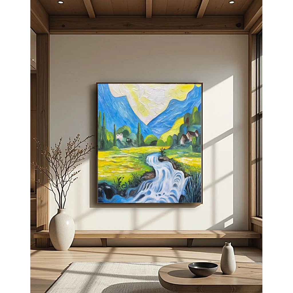 Lukisan Dinding Pemandangan Alam Abstrak — Sungai di Lembah Gunung