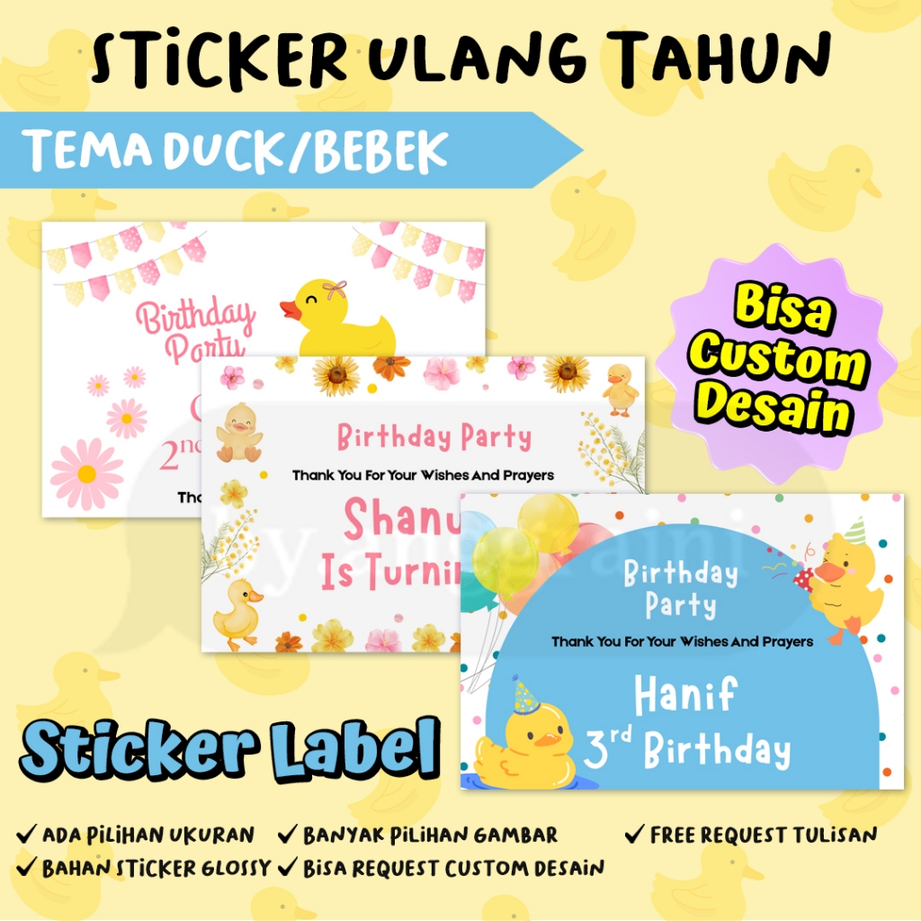 Sticker Ulang Tahun Tema Duck Bebek - Stiker Label Kotak Nasi Bento - Ultah Anak