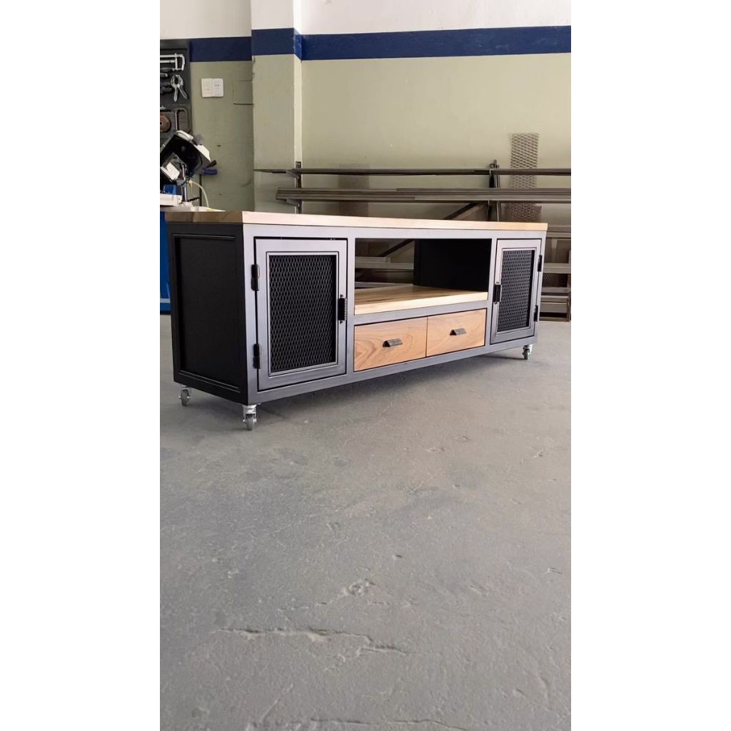 Rak TV kabinet induatrial bahan besi kombinasi kayu