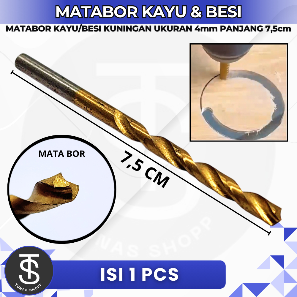 MATABOR KAYU DAN DAN BESI WARNA  KUNING UKURAN 4MM PANJANG 7,5MM / Mata Bor Kayu & Besi Kuning 4mm P