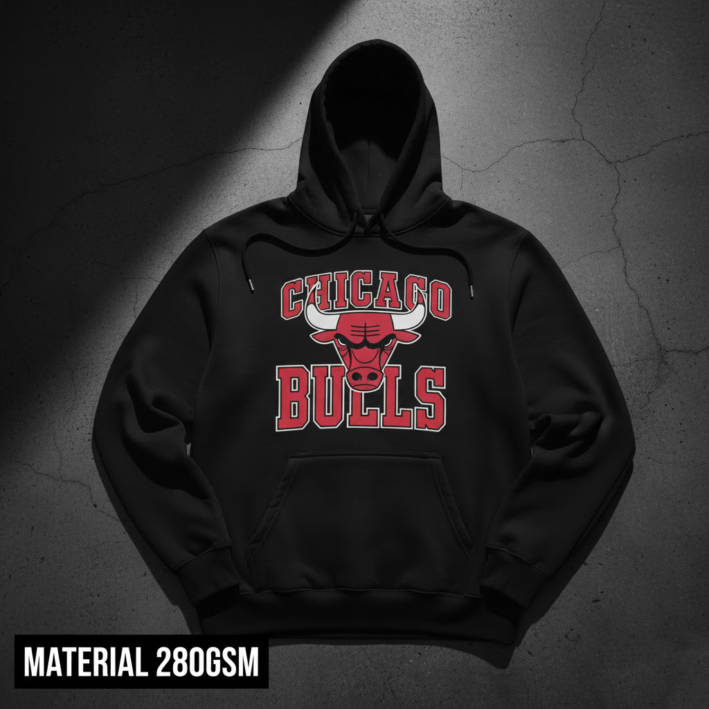 Hoodie Jumper Chicago Bulls Original NBA Logo Merah | Sweater Hitam 280GSM
