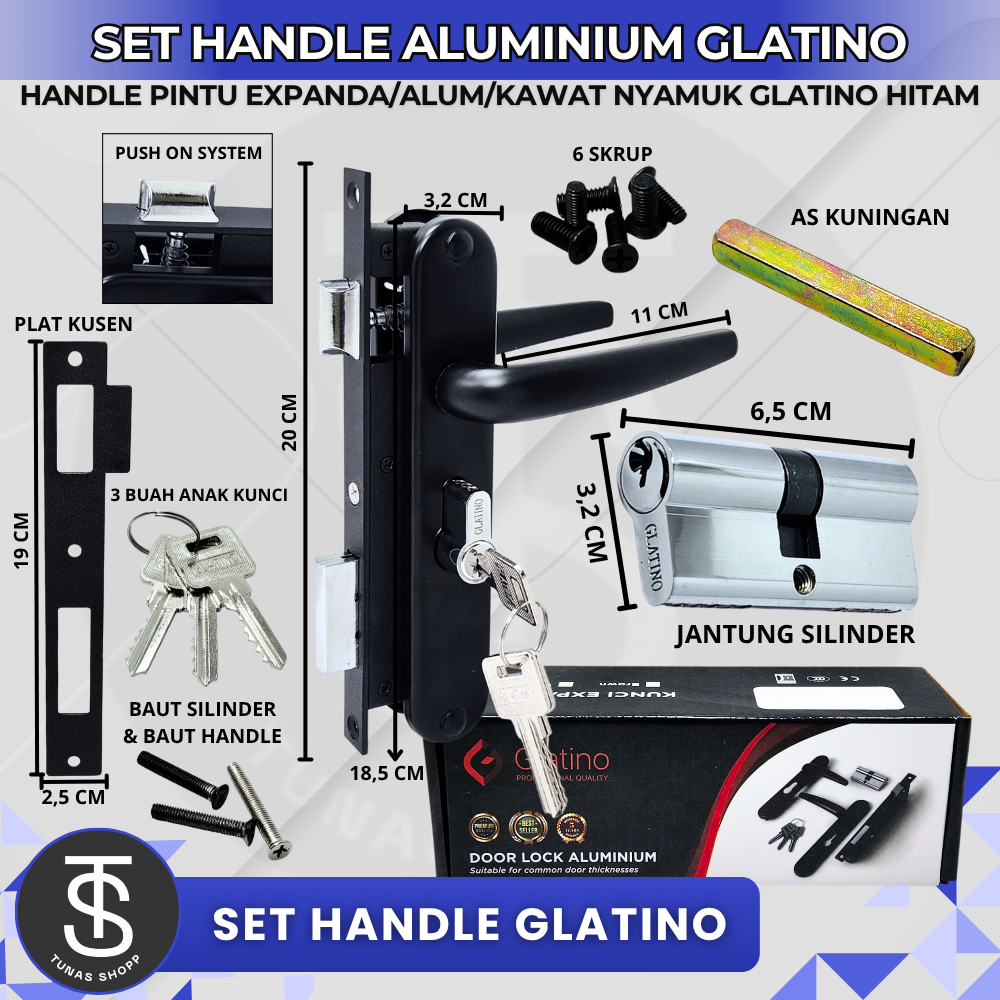 1SET KUNCI PINTU ALUMINIUM GLATINO HITAM / SET HANDLE PINTU ALUMINIUM GLATINO HITAM / Handle Pintu E