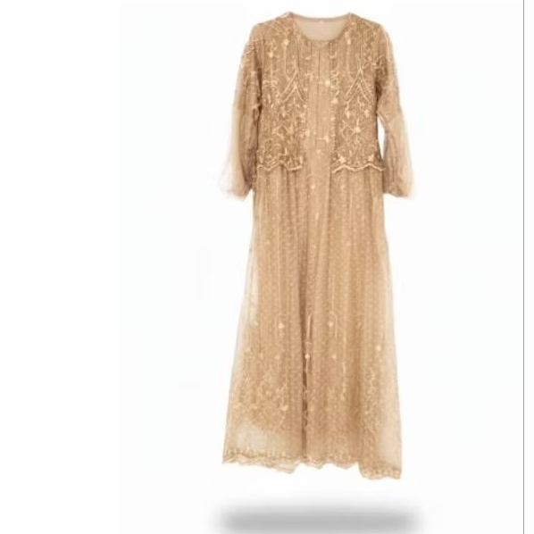 Gaun pesta mewah tulle brokat emas elegan dan anggun baju kondangan Muslimah