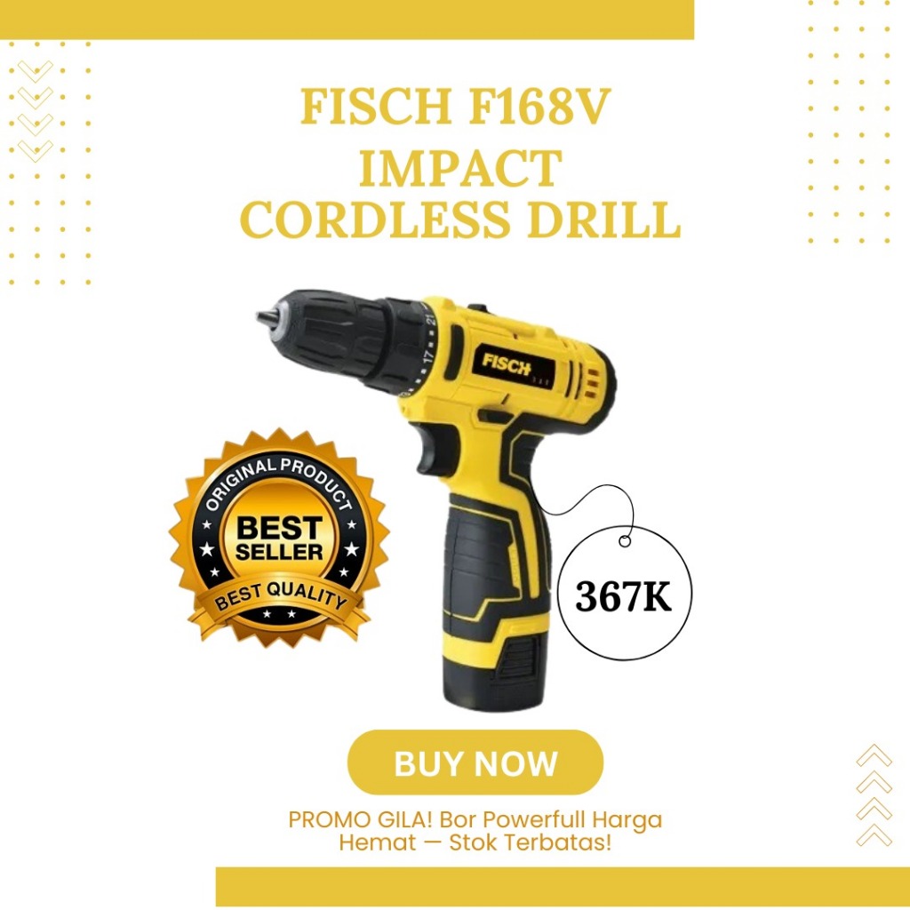 PROMO BOR TANPA KABEL IMPACT CORDLESS DRILL 10 MM F168V ORI FISCH