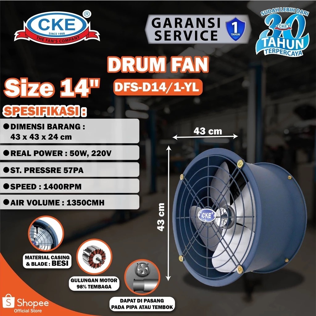 CKE Drum Fan DFS-D14/1-YL 1 14 Inch Drum Fan Blower Tabung Blower Gedung Eksos Drum