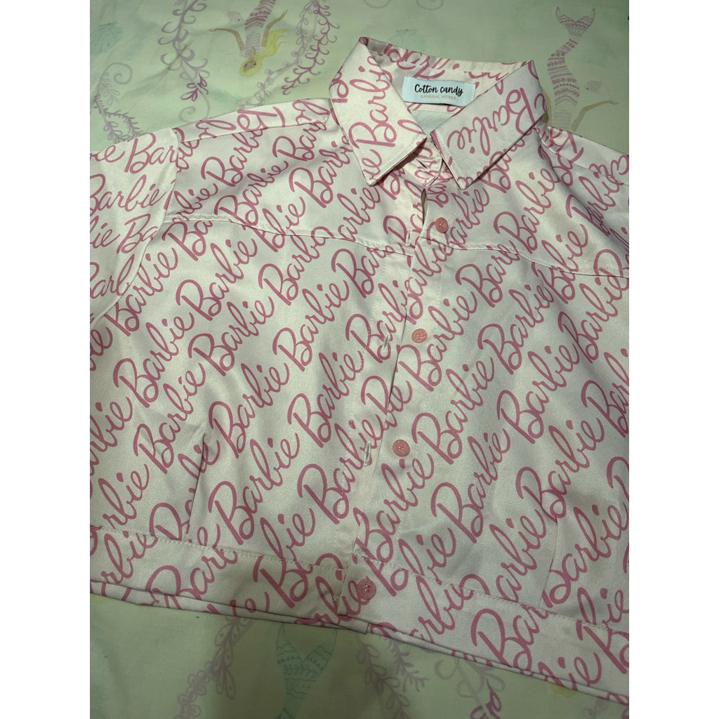 PRELOVED kemeja luaran lengan pendek model korea crop top BARBIE soft pink