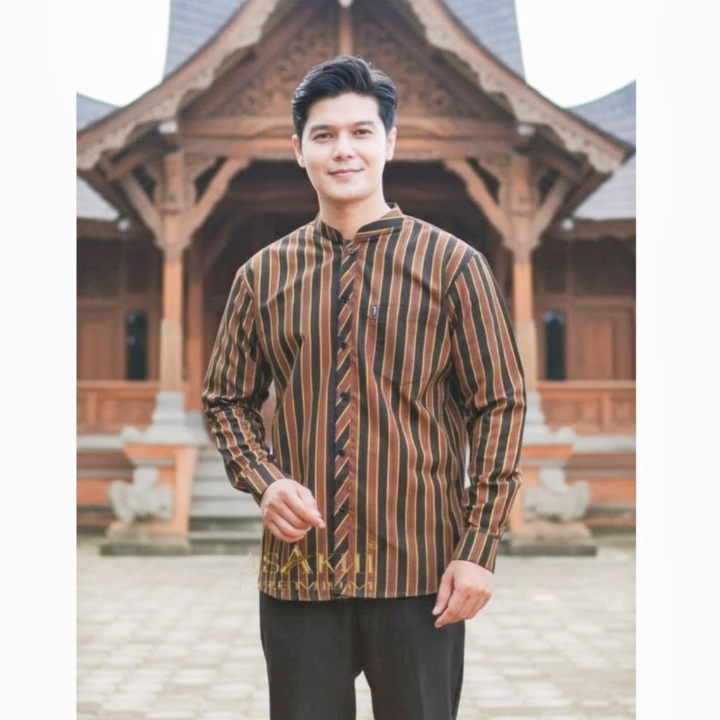Baju Koko Batik Kemko Pria Adat Lurik Jawa Lengan Panjang Katun Premium Seragam