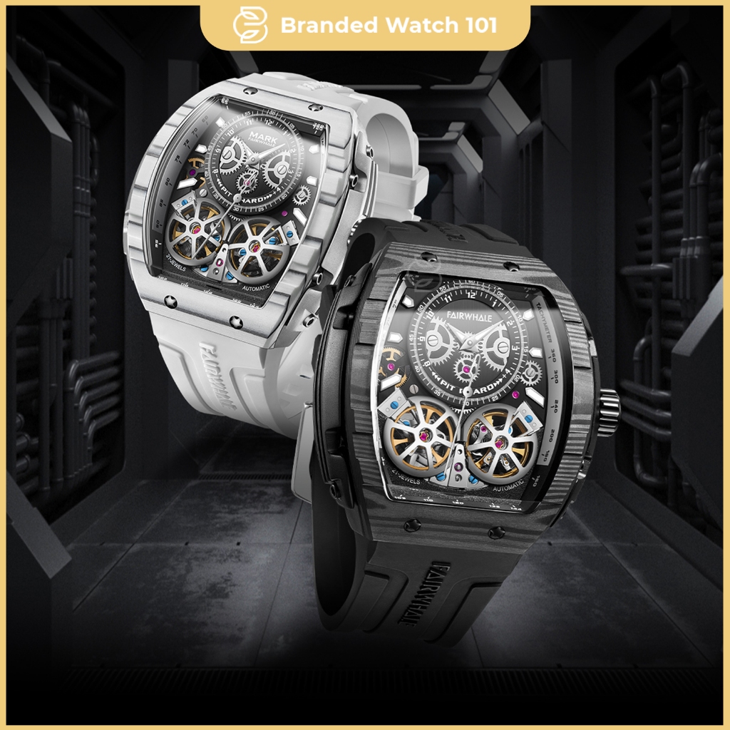 ORIGINAL Jam Tangan Pria Mark Fairwhale 6440 Carbon Tourbillon Movement Automatic Rubber Strap