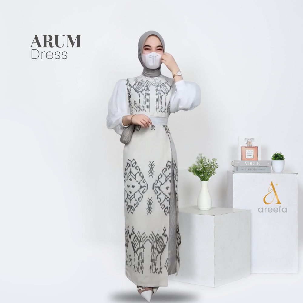 Areefa - ARUM Gamis Dress Tenun Etnik Kombinasi Songket Tile Premium Wanita Remaja Kondangan Putih