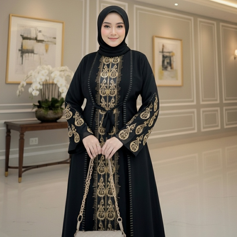 Abaya Hitam Bordir Emas Premium Elegan – Gamis Muslimah Terbaru 2025