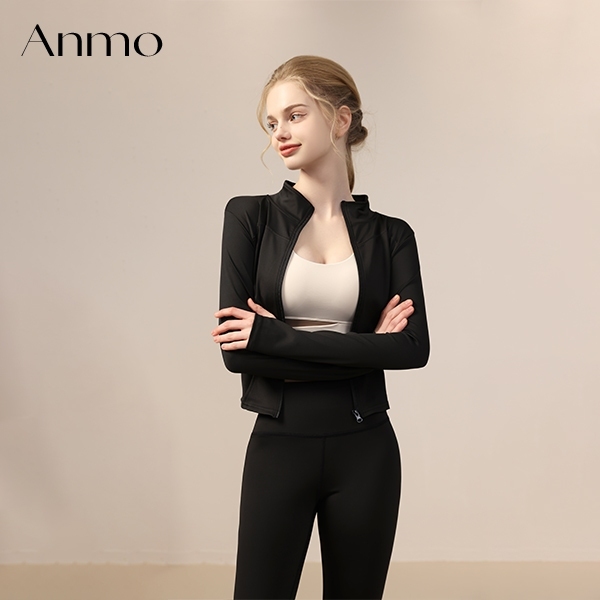 ANMO Jaket Yoga Bernapas Wanita Pakaian Olahraga Aerobik Kebugaran Jaket Bernapas Elastis Pelindung 