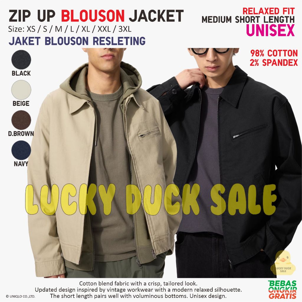 UNIQLO Blouson Jacket Zip Up Jaket Blus Katun Spandex Unisex