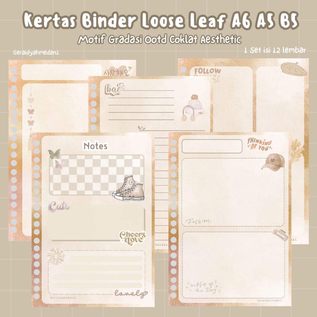 Kertas Binder Loose Leaf A6 A5 B5 Motif Gradasi Coklat Aesthetic