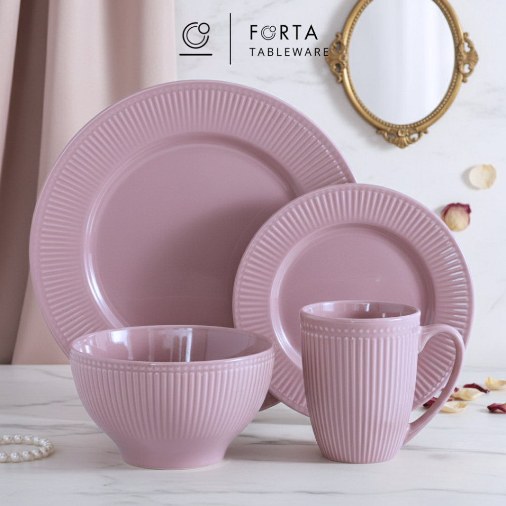 FORTA Set Dinner Soft Pink Line Glossy Keramik Premium Unik Japanstyle Serbaguna JJ-487