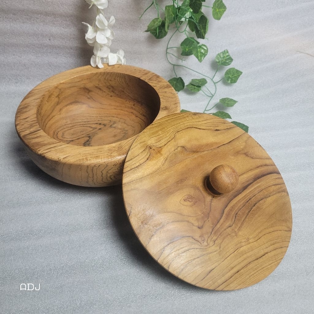 mangkok tutup tebal kayu jati