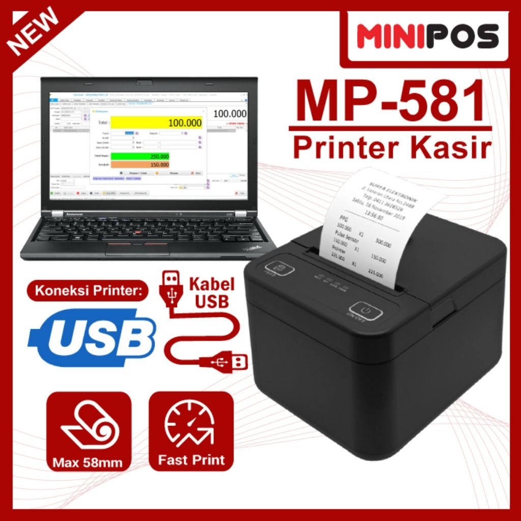 Printer Thermal 58mm MINIPOS MP-581 Koneksi Kabel USB LAN Bluetooth Cetak Struk Antrian Resi