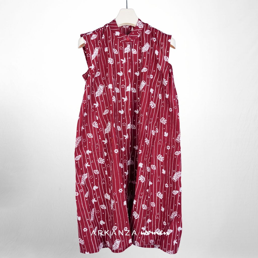 ARKANZA WOMEN Dress Sleveless Batik Cap Folium Merah Gaun Wanita Midi Katun Modern Tanpa Lengan