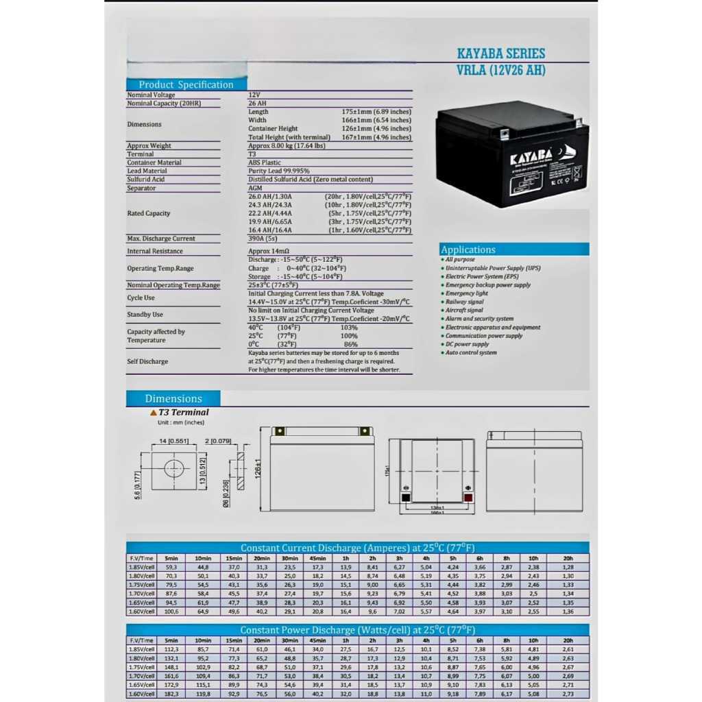 Kayaba KYB12-26 12 VDC 26 AH Baterai Aki Kering MF Vrla Deep Cycle UPS
