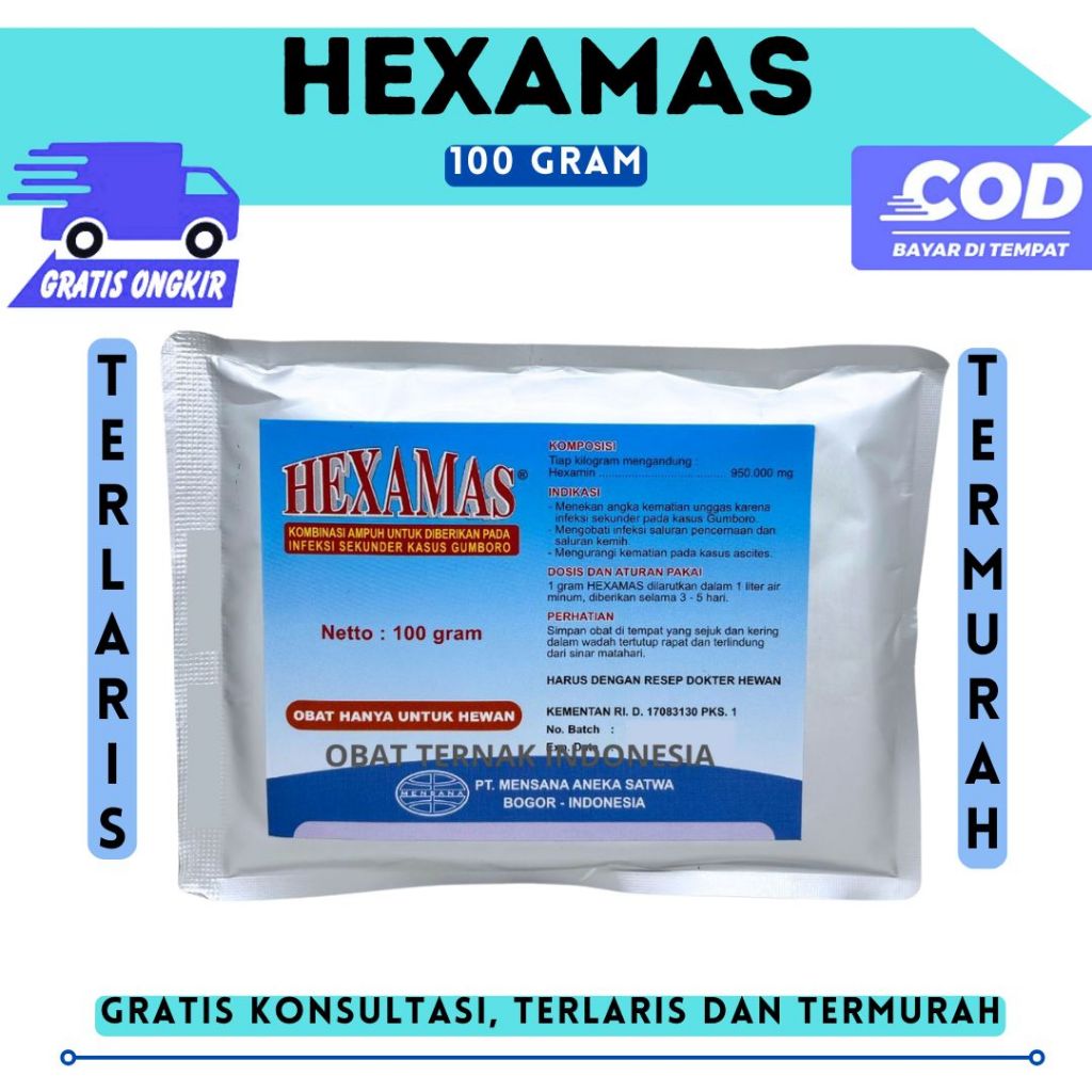 HEXAMAS 100 gram - Obat Gumboro Gumbonal Infeksi Pencernaan Saluran Kemih Ascites Ayam Unggas Hewan 
