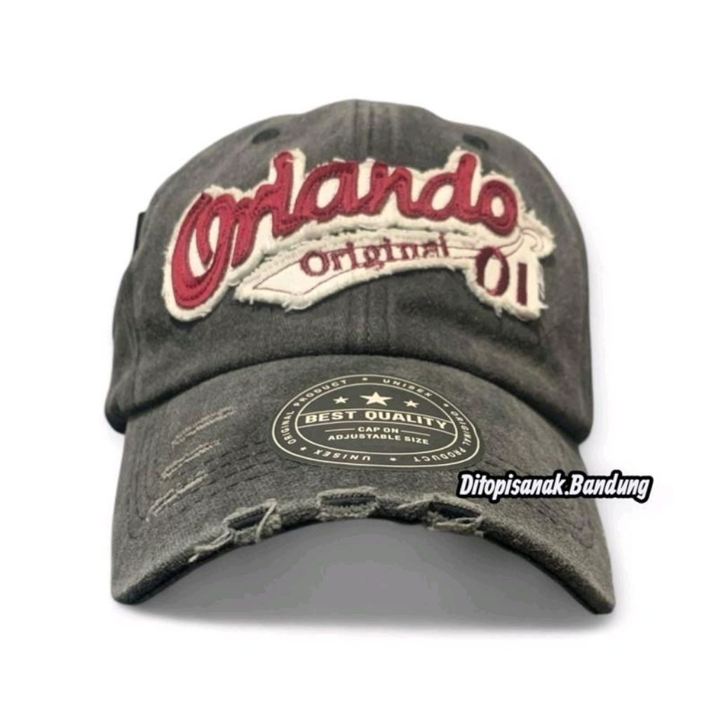 Topi Baseball Import Bordir ORLANDO Model Sobek Katun Unisex pria/wanita Cap